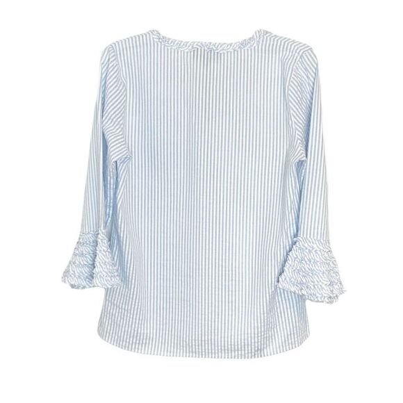Duffield Lane Women’s Blue White Seersucker 3/4 Ruffle Sleeve Blouse Size Small - Picture 3 of 6